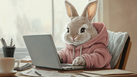 Cute Bunny in Hoodie Working on Laptop at Desk with Coffee and Notepadの素材