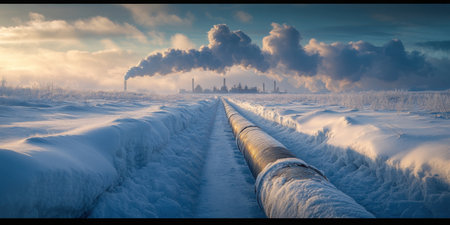 Industrial Factory Emitting Smoke with Snowy Pipeline in Winter Landscape at Sunriseの素材