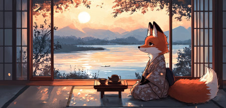 Anthropomorphic Fox in Traditional Kimono Enjoying Sunset by Lake in Japanese-style Roomの素材