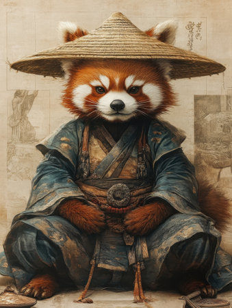 Red Panda Samurai in Traditional Robes with Straw Hat in Mystical Forest Settingの素材