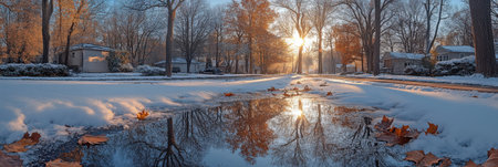 Beautiful Autumn Street With Snow, Colorful Leaves, and Reflective Puddle on a Sunny Dayの素材