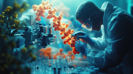 Scientist Examining Molecular Structure in Advanced Lab with Bright Molecular Modelの素材