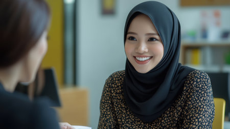 Professional Woman in Hijab Smiling During Business Meeting in Modern Office Settingの素材
