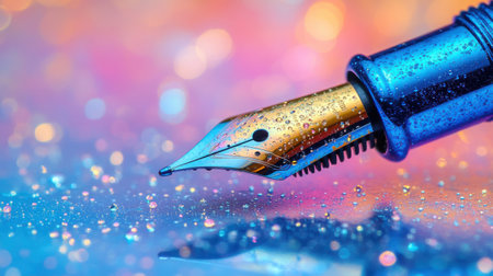 Close-Up of Wet Fountain Pen Nib on Glittering Colorful Backgroundの素材