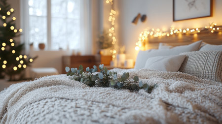 Cozy Bedroom with Christmas Lights and Winter Decorationsの素材