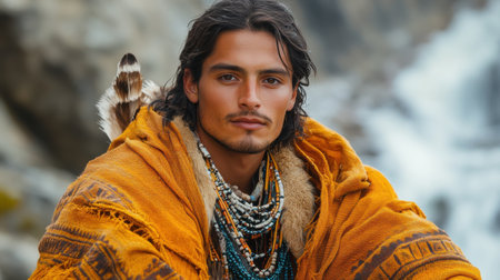 Man in Traditional Clothing with Beaded Necklaces and Feather Accessory in Natureの素材