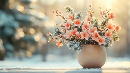 Snowy Blossoms in Ceramic Pot in a winter morning outdoors with light in bokehの素材