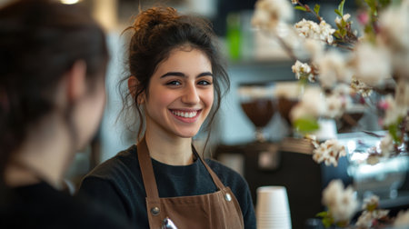 Cheerful Barista Engaging with Customer in Cozy Coffee Shop Surrounded by Blossomsの素材