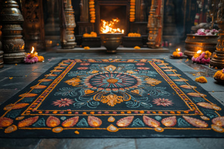 Traditional Indian Mandala Carpet in Spiritual Temple Setting with Decorative Elements and Fireの素材