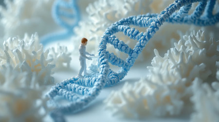 Miniature Scientist Exploring DNA Strand in Detailed Biochemical Environmentの素材