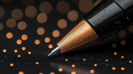 Macro Close-Up of Pen Tip with Gold Glitter: Elegant Stationery Art Black and Goldの素材