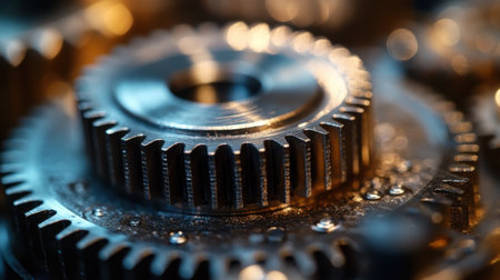 Close-Up of Interlocking Metal Gears in Mechanical Arrangement with Shallow Depth of Fieldの素材