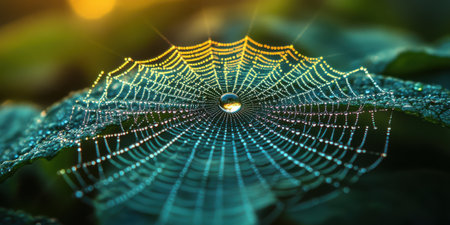 Dew-Covered Spider Web in Sunlight with Water Droplet Reflecting a Bright Sparkleの素材