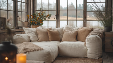 Cozy Sunroom with Comfortable Sofa and Rustic Decoration Overlooking Serene Lake Viewの素材