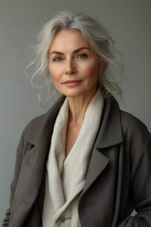 Elegant Mature Woman with Grey Hair in Stylish Coat Against Neutral Backgroundの素材
