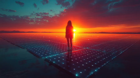 Silhouette of Woman Standing on Solar Panels at Sunsetの素材