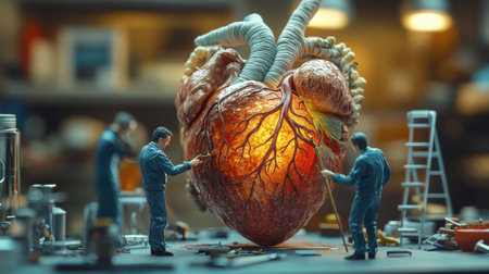 Miniature Scientists Analyzing a Giant Anatomical Heart Model in a Laboratory Settingの素材