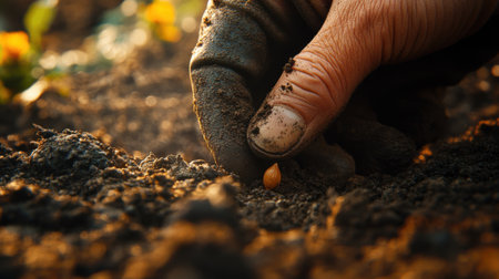 Close-up of a Hand Planting a Seed in Soil, Symbolizing Growth and Sustainabilityの素材