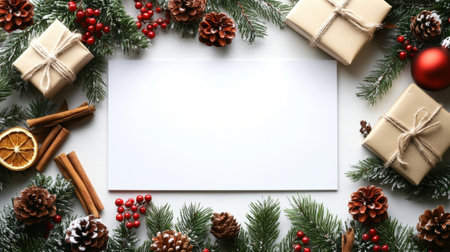 Festive Holiday Greeting Card Layout - Christmas Theme with Gifts, Pine Cones, and Ornamentsの素材