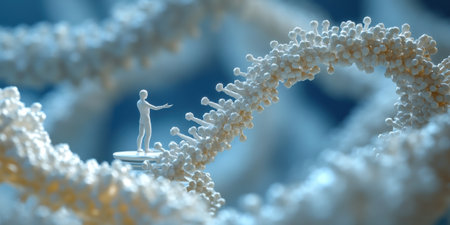 Human Figure Exploring DNA Helix: Conceptual Image of Genetic Research and Biotechnologyの素材