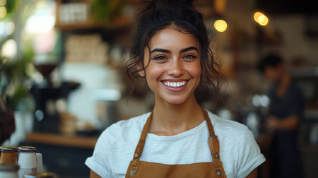 Cheerful Barista Engaging with Customer in Cozy Coffee Shop Surrounded by Blossomsの素材