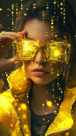 Futuristic Woman in Yellow Jacket Wearing Augmented Reality Glasses - Tech Innovation, Digital Future, Virtual Realityの素材