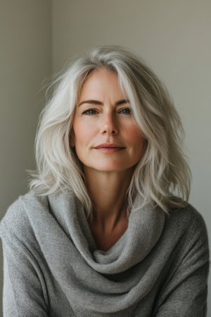Elegant Mature Woman with Grey Hair Wearing Cozy Sweater in Natural Light Portraitの素材