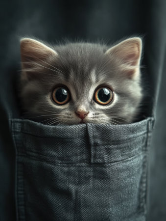 Adorable Gray Kitten Peeking from Pocket - Cute Pet Portrait for Print, Card, Posterの素材