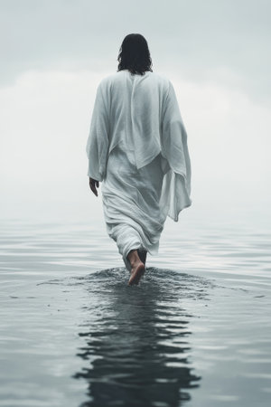 Spiritual Journey: Man in White Robe Walking on Water - Calming, Inspirational Imagery for Religious Design, Poster, Cardの素材