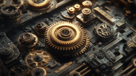 Close-Up of Complex Metallic Gears and Mechanisms in Clockwork Machineryの素材