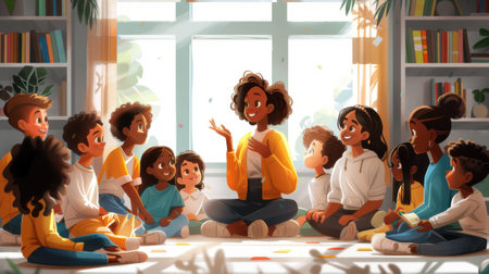 Happy Teacher Reading to Children in Bright Library with Large Windowsの素材