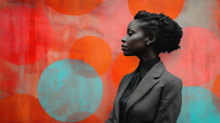 Elegant Woman Posing Against Vibrant Abstract Background with Circle Patternsの素材