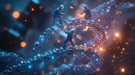 Scientists Working on DNA Helix in Futuristic Laboratory with Glowing Lights and Micro Technology Elementsの素材