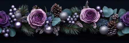 Elegant Christmas Garland with Purple Roses and Pine Cones for Holiday Decoration Designsの素材