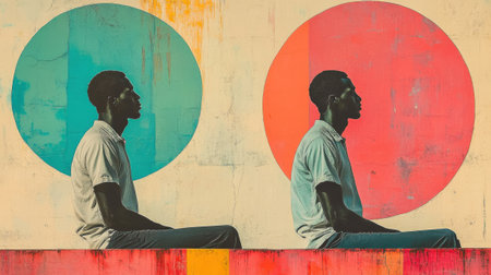 Dual Portrait of a Contemplative Man Against Colorful Geometric Backgroundの素材