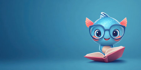 Adorable Blue Cartoon Character with Glasses Reading a Book on a Blue Backgroundの素材