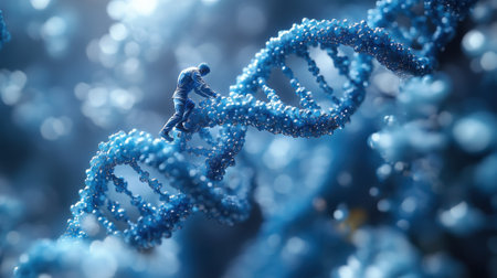 Person Climbing DNA Strand: Conceptual Illustration of Genetic Research and Biotechnology Advancesの素材