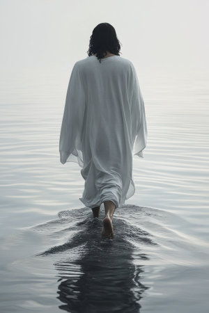 Spiritual Journey on Water â Reflective Scene of a Person in White Garment Walking on Calm Watersの素材