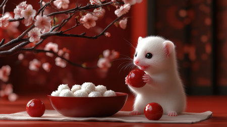Cute White Hamster with Cherry Blossom Branch and Rice Ballsの素材