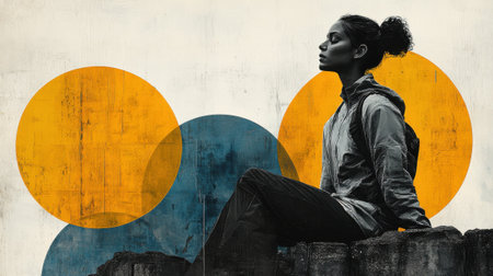 Meditative Young Woman Contemplating Outdoors with Geometric Art Backdropの素材