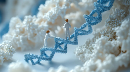 Miniature Scientists Climbing DNA Strand in Laboratory Setting Depicting Genetics and Biotechnology Researchの素材