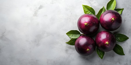 Fresh Jabuticaba Fruits with Glossy Skin and Green Leaves on Textured Gray Background Copy Spaceの素材