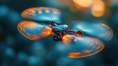 High-Speed Racing Drone with Blurred Rotating Propellers and Glowing Lights in Motionの素材