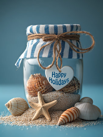 Summer Memories Coastal Holiday Jar with Seashells and Starfish on a Blue Backgroundの素材