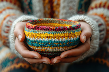 Handcrafted Multicolored Knitted Bowl Held by Cozy Knitted Sweater in Handsの素材
