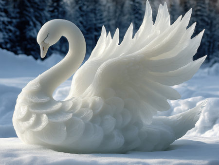 An intricately carved ice sculpture of a swan showcases delicate feather details, set against a snowy landscape, evoking a sense of grace and artistic mastery.の素材