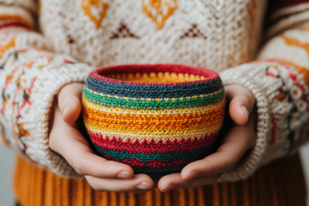A vibrant, multicolored knitted bowl is gently held by hands adorned with a cozy, patterned sweater, evoking warmth and artisanal craftsmanship in a close-up view.の素材