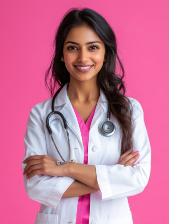 South asian female doctor in a white coat with a stethoscope, exuding confidence and professionalism. she stands against a vibrant pink backdrop, embodying healthcare and compassion.の素材