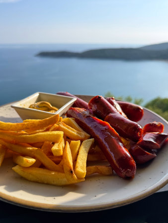 Plate of grilled sausages and crispy fries served with mustard, set against a scenic coastal backdrop in Montenegro. Sunny outdoor dining ambiance.の写真素材