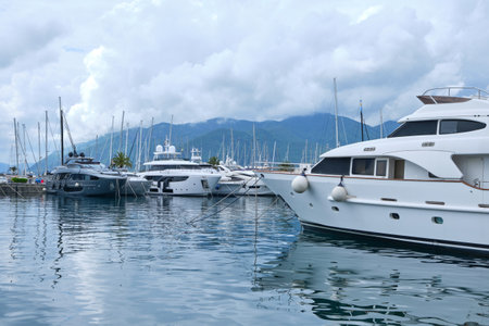 Scenic view of luxury yachts moored at a marina in Porto Montenegro. Calm water reflects the boats, with mountains and a cloudy sky creating a serene backdrop.の写真素材